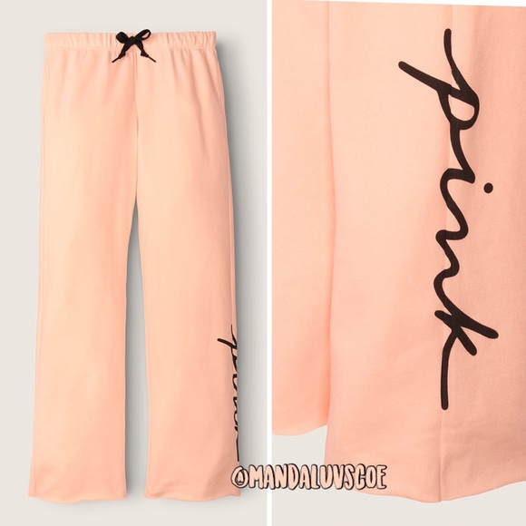 ๐VS PINK PEACH BLACK SCRIPT LOGO BOYFRIEND PANTS - Picture 2 of 7